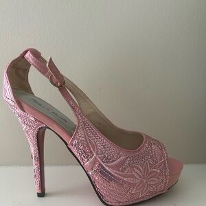 Pink Paisley Sequin Slingback Heels with Platform